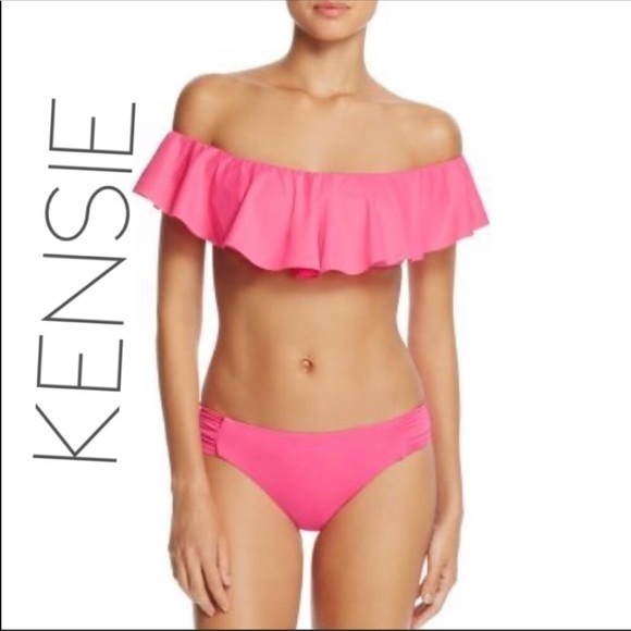 NWT Kenzie Coral Pink ruffle bandeau off the shoulder bikini swimsuit Small S - Picture 1 of 7